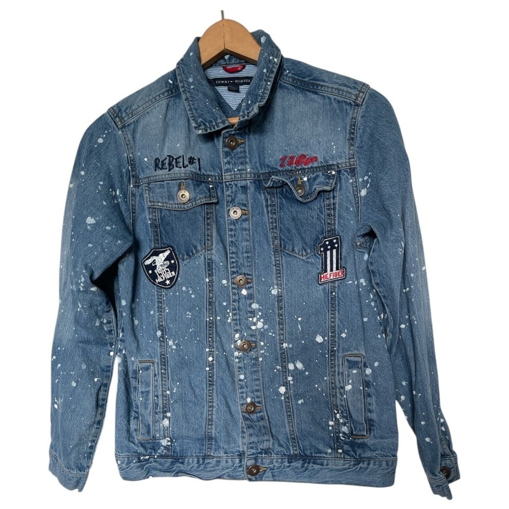 Tommy Hilfiger Denim Jacket Kids XL 20 Blue Paint Splatter Patch Rebel T820042